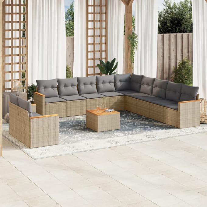 vidaXL - 12-delige - Loungeset - met - kussens - poly - rattan - gemengd - beige