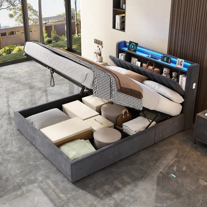 REDOM Bedframe 140x200 cm – Met LED, USB/Type-C, opbergruimte in hoofdbord en hydraulische opberging – Donkergrijs