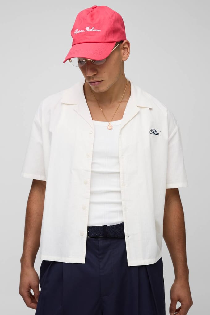 Oversized Boxy Stripe Riviera Italiana Embroidered Revere Shirt | Ecru | Size Medium
