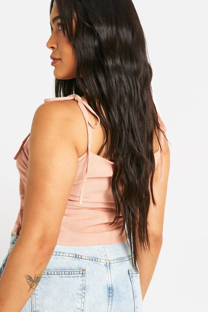 boohoo Dames Plus Linen Look Geraffelde Tie-Schouder Top | Roest | Maat: 52