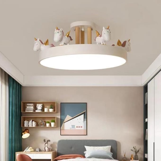 Led Plafondlamp - Kinderlamp - Decoratieve Verlichting - Creatief Eenhoorn Design - 52 cm Rond - Wit
