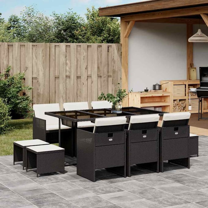 vidaXL - 11-delige - Tuinset - met - kussens - poly - rattan - zwart