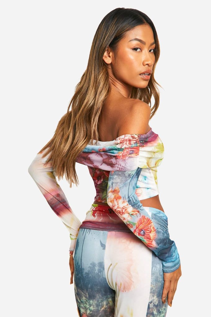boohoo Dames Bardot Bedrukte Top | Maat: 40