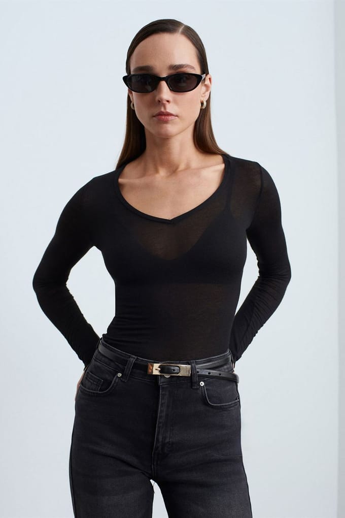 Slim Fit V-hals Lange Mouw Top