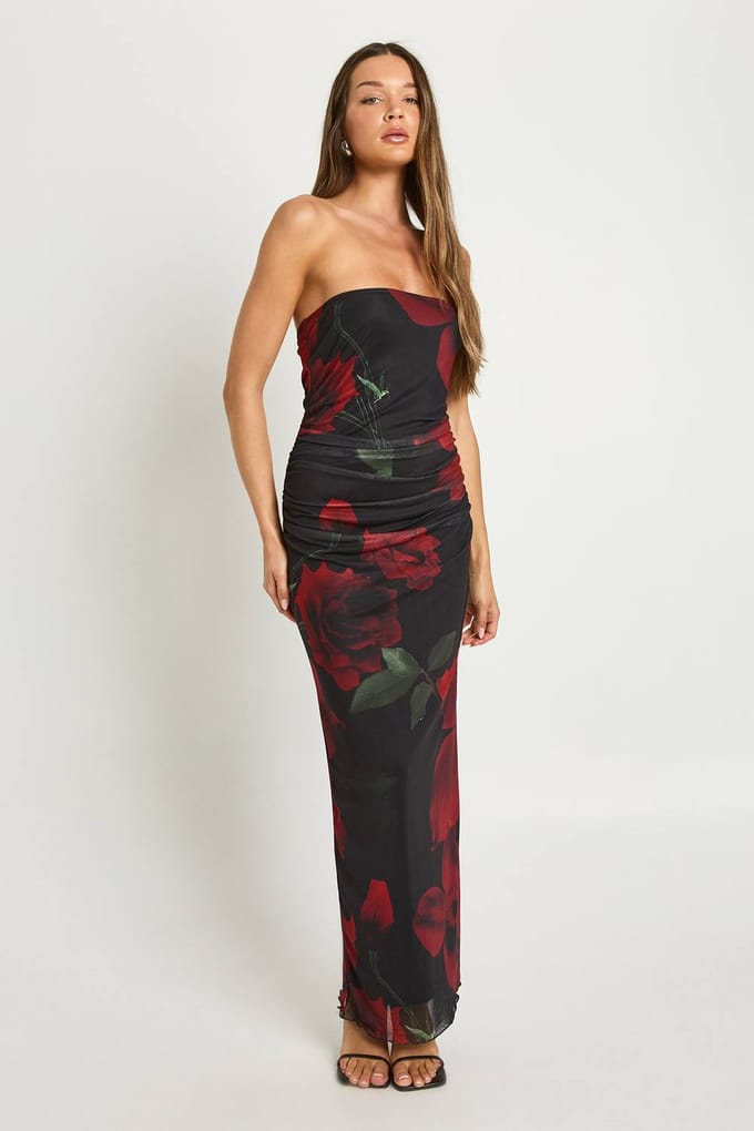 boohoo Dames Mesh Bloemenprint Bandeau Maxi Jurk | Natural Black | Maat: 44