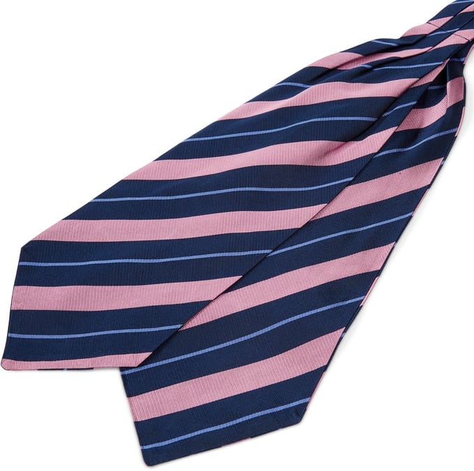 Gestreepte Roze & Marineblauwe Zijden Sjaaldas met Dunne Blauwe Accenten
