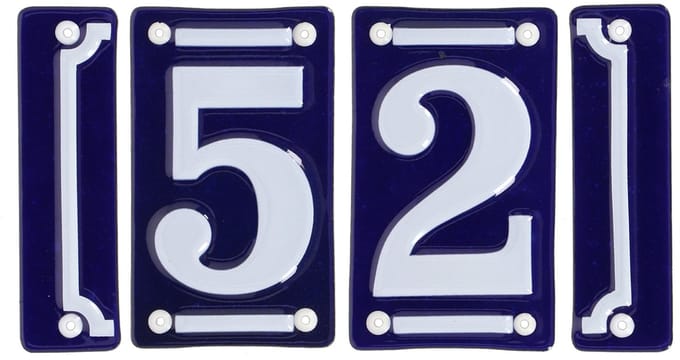 Best for Boots huisnummer 52 met sierrand - Oudhollands - emaille - blauw/wit