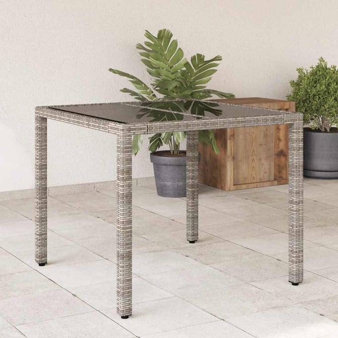 vidaXL - Tuintafel - met - glazen - blad - 90x90x75 - cm - poly - rattan - grijs