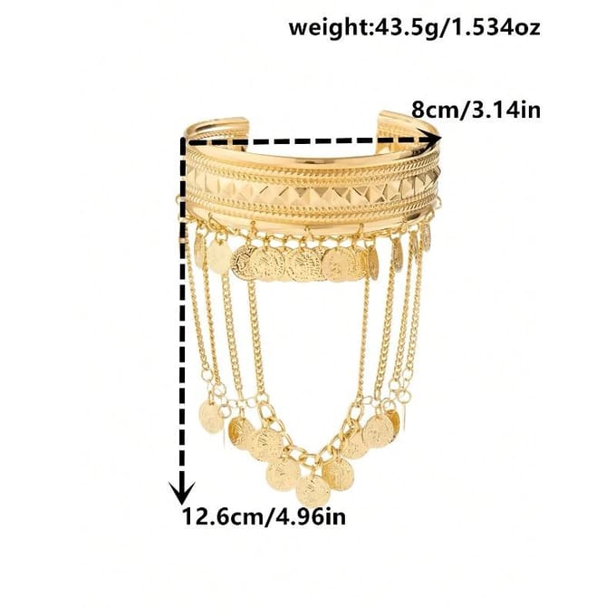 Boho Uitgebreide Munt Kwast Brede Armmanchet - Vintage Sieraden Lichaamsaccessoire goud
