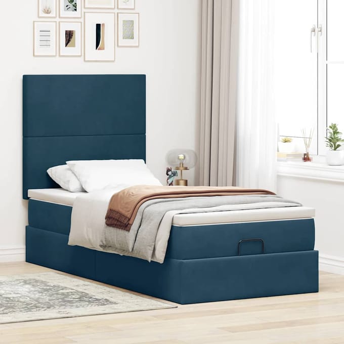 vidaXL - Ottoman - bed - met - matrassen - 90x190cm - fluweel - donkerblauw
