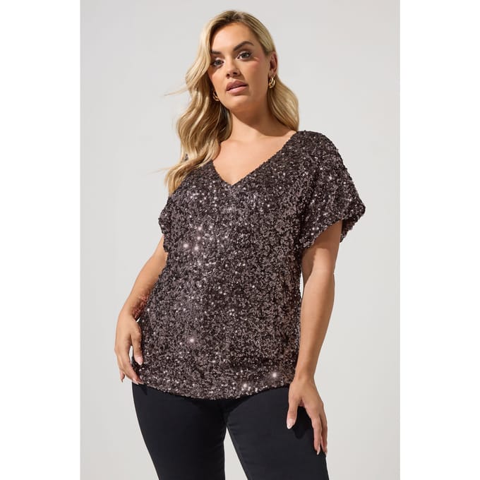 Yours London Chocoladebruine Top Met Pailletten Size 48
