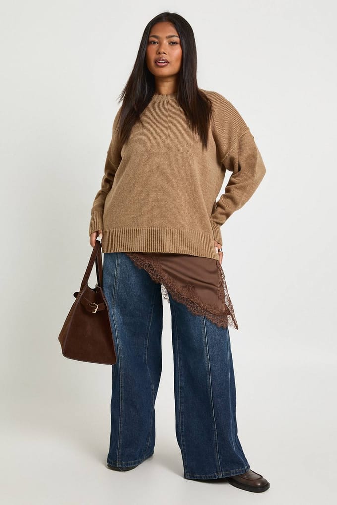 boohoo Dames Plus Gebreide Trui met Zichtbare Naden | Taupe | Maat: 28