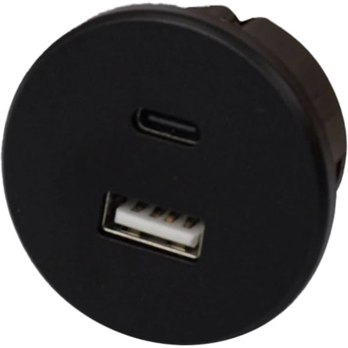 Hera USB-A wandcontactdoos + USB-C, zwart meubel installatie 24V ingang 20W