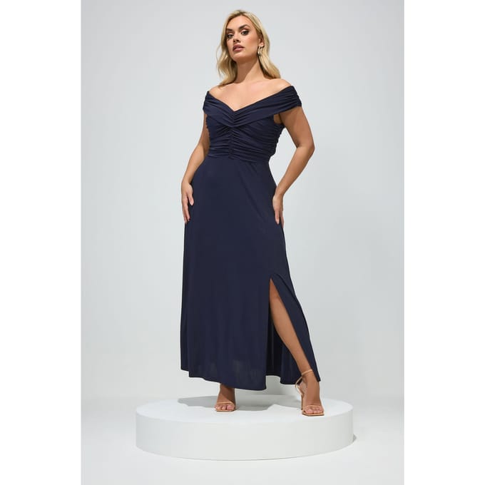 Yours London Marineblauwe Bardotmaxijurk Met Plooien Size 50