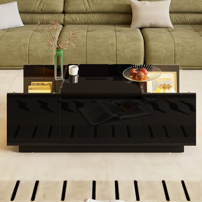 Wishdor Salontafel 105 cm – modern minimalistisch zwart glas, hoogglans & matte afwerking, 2 laden, Bluetooth LED-licht