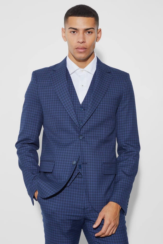Single Breasted Slim Check Suit Jacket | Navy | Size 52