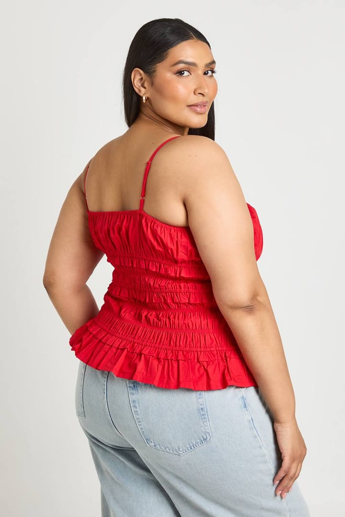 boohoo Dames Plus Top Met Gerimpeld Detail En Bandjes | Rood | Maat: 44