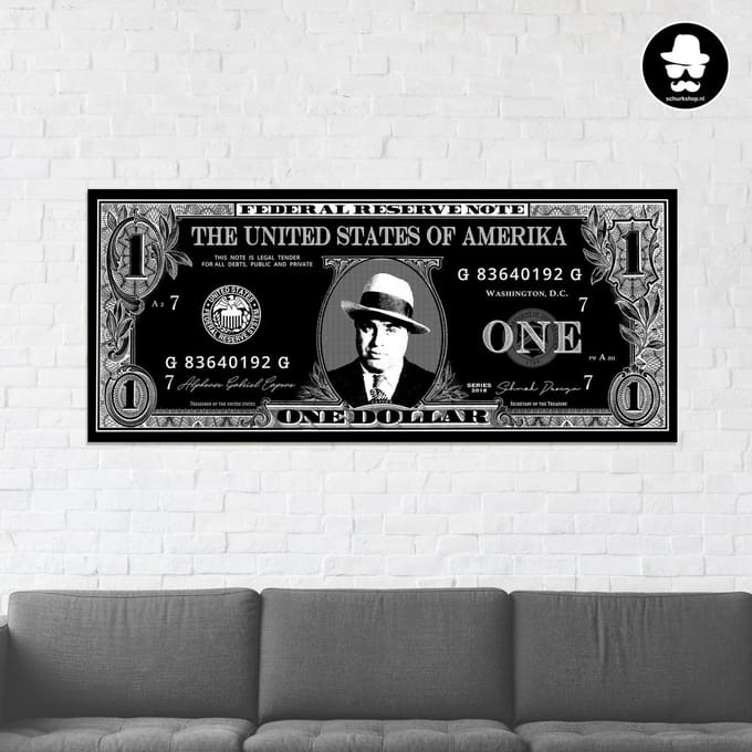 Schilderij op Aluminium One Dollar - Al Capone Limited Edition - 150 x 65 cm - Metaal - Wanddecoratie Woonkamer Slaapkamer - Geld