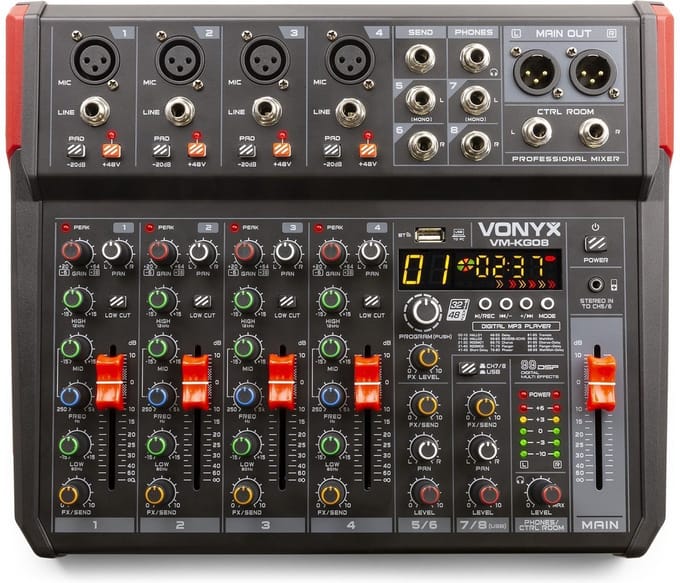 Mengtafel - Vonyx VM-KG08 - 8-kanaals mengpaneel Bluetooth, DSP, mp3 speler en USB audio interface