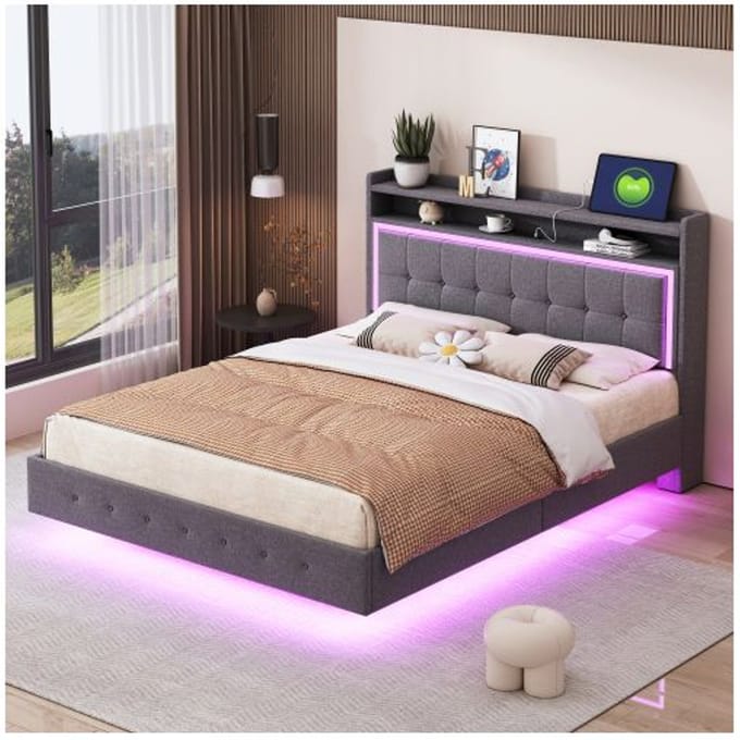 Lit rembourré - MUVOE - 140x200 - Prise USB - Éclairage LED - Tissu lin gris gris