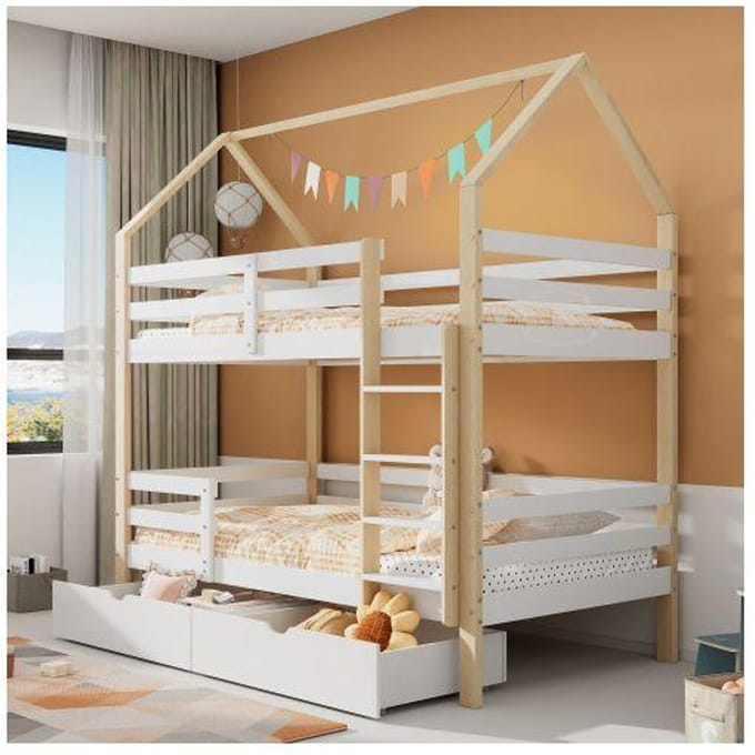 Kinderbed - 90 x 200 cm - Wit + houtkleur - Met lades - Veilig en ecologisch wit