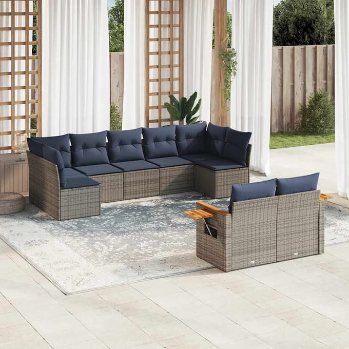 vidaXL - 9-delige - Loungeset - met - kussens - poly - rattan - grijs