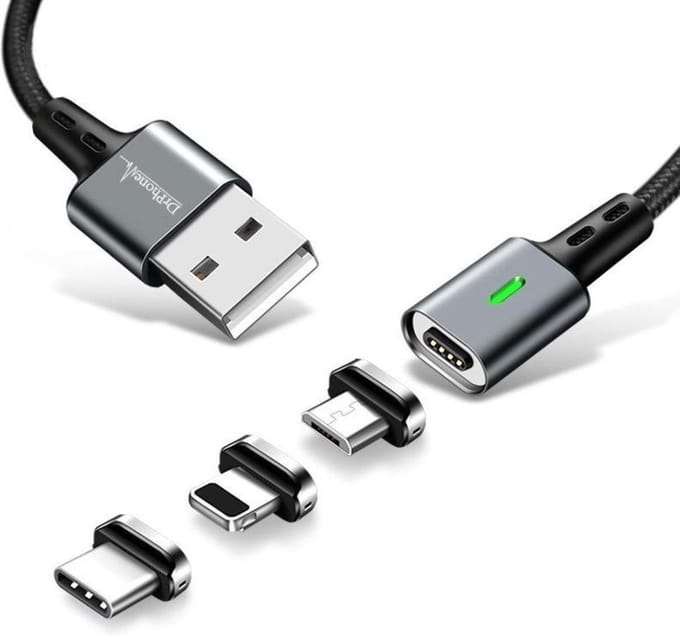 DrPhone iCON 3-in-1 Magnetische Oplaadkabel – 2 Meter - Lightning, USB-C & Micro USB – QC3.0 Ondersteuning – Dataoverdracht – 3A – LED Indicator – Nylon Gevlochten – Zwart