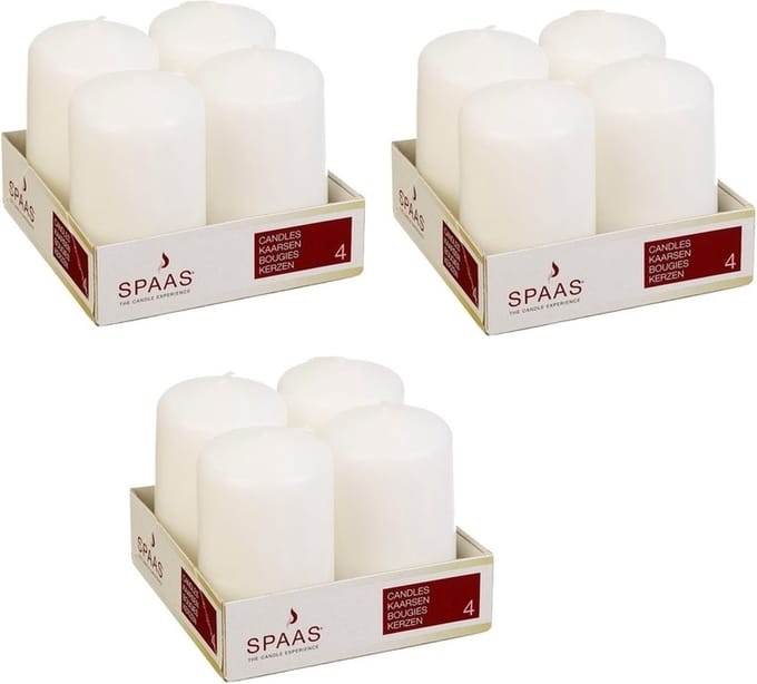 Spaas Stompkaarsen/zuilkaarsen - set van 12x - creme wit - D5 x H8 cm - 12 branduren