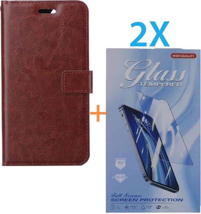 Bookcase Geschikt voor: Apple iPhone 16 Pro Max - Bruin - portemonnee hoesje - + 2X Tempered Glass Screenprotector