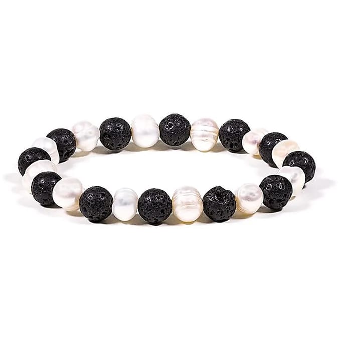 Armband - Lava/Parel- Sierraad - Zwart/Wit - Cadeau - Spiritueel - Edelsteen - Moed - Transformatie