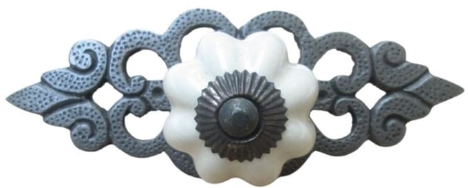 Cream Ceramic Cabinet Knob with Antique Iron Back Plate