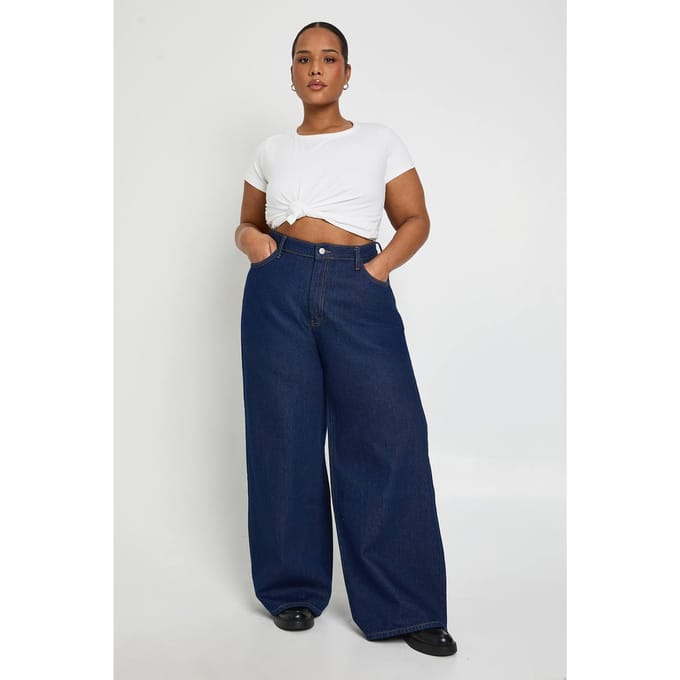 boohoo Dames Plus Basics Hoge Taille Wijde Pijpen Jeans | Indigo | Maat: 16/30L