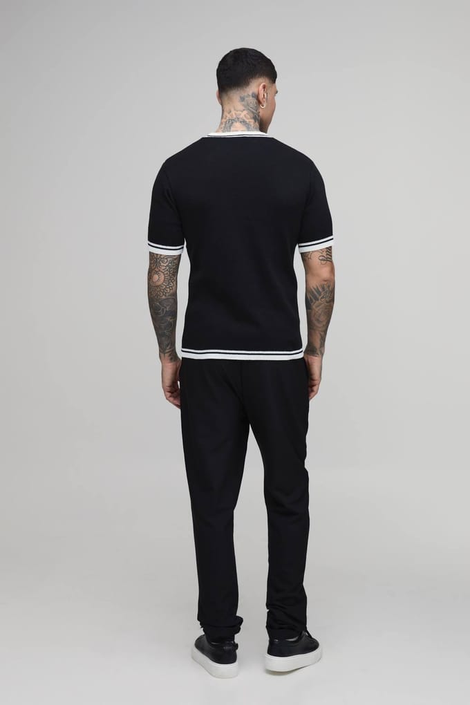 Lang Getailleerd Gebreid T-shirt Van Katoenmix Met Getipt Detail | Black | Size Small