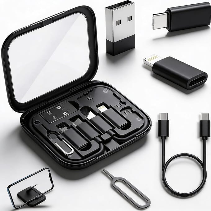 Oneay USB C naar USB A Adapter USB-C Reisadapterset voor iPhone, Pixel & Galaxy: USB-A naar C, Micro-USB naar C, Type-C naar Lightning, Korte USB-C-kabel, OTG, Spiegelhoesje - Zwart