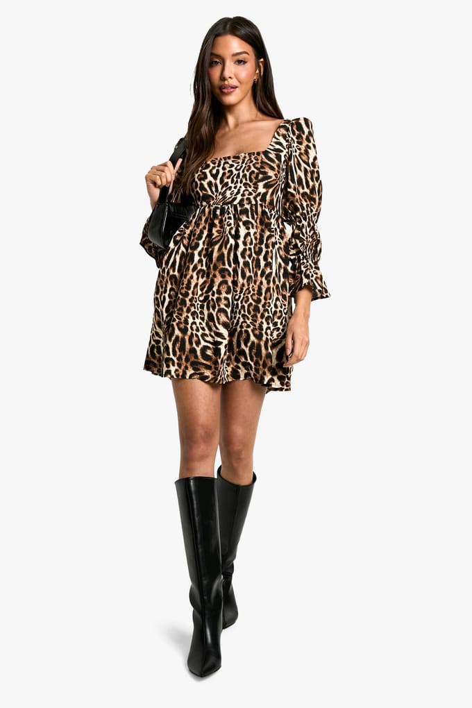 boohoo Dames Luipaardgeraffelde Pofmouw Smockjurk | Bruin | Maat: 38