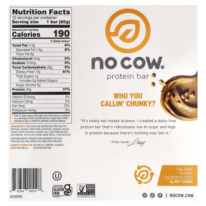 No Cow, Proteinereep, Chunky Pindakaas, 12 Repen, 60g (2,12 oz) Elk