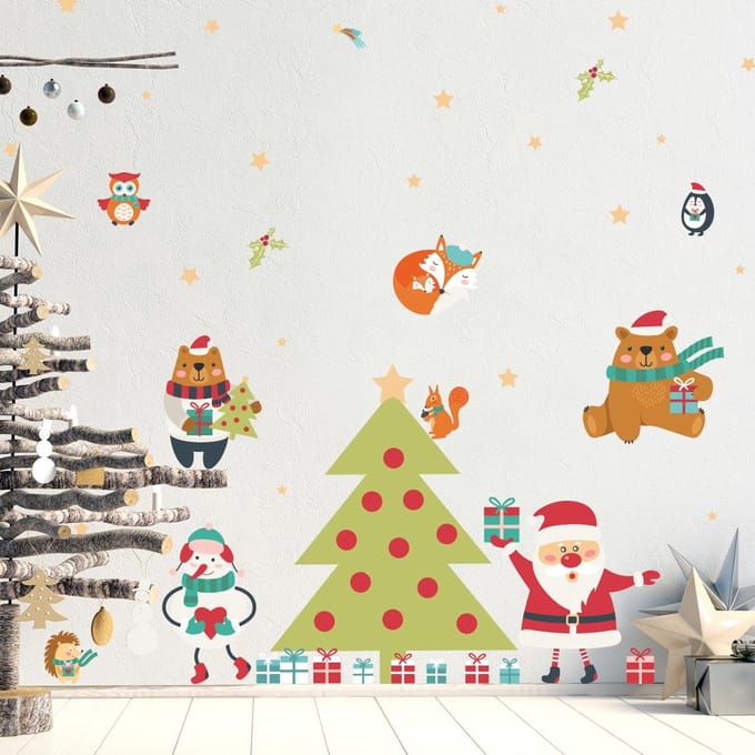 Kerststicker: De Kerstman en de magische kerstboom - Kerststickers - feestversiering - 110x165cm