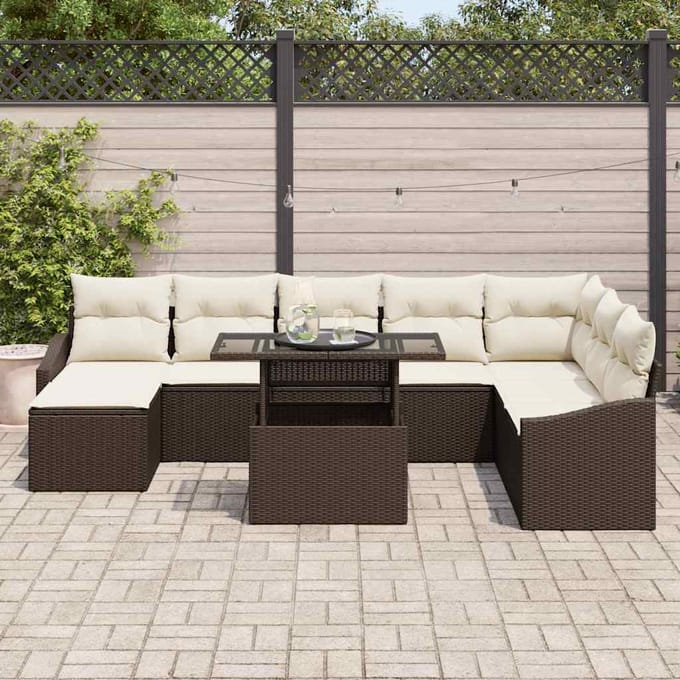vidaXL Bankstel met kussen met opslag 9 pcs Bruin en Crème poly rattan