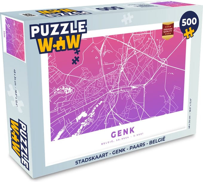 Puzzel Stadskaart - Genk - Paars - België - Legpuzzel - Puzzel 500 stukjes - Plattegrond