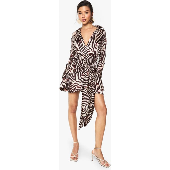 boohoo Dames Zebra Satijn Wrap Rok Blouse Jurk | Brown | Maat: 8