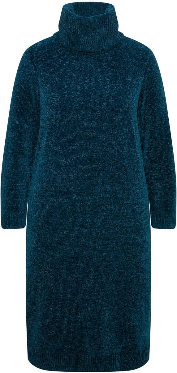 Ulla Popken - Dames - Chenille-jurk structuur breisel colkraag lange mouwen - Petrol - Maat 50+