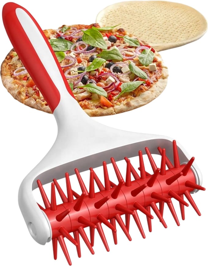 Somstyle Deegperforator - 20 x 12.3 CM - Deegprikker Pizza - Pizzasnijder - Deegroller - Rood / Wit