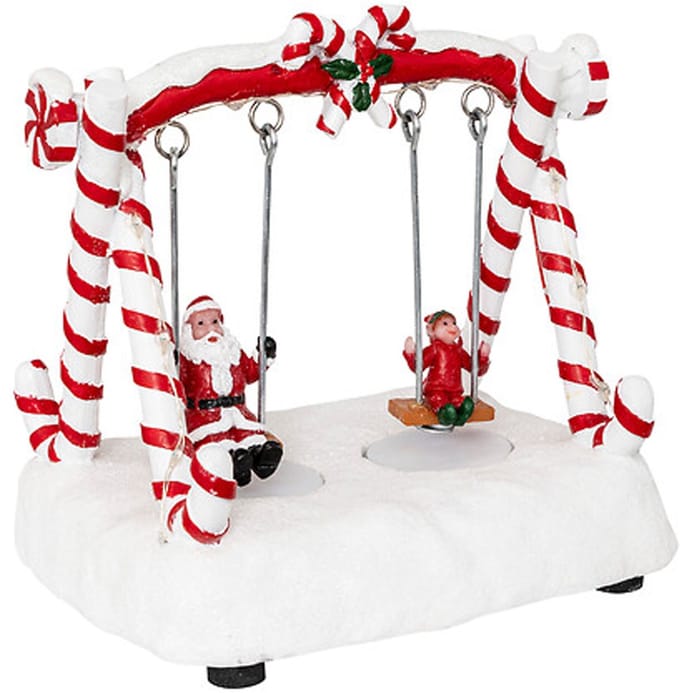 Feeric Christmas Kerstdorp schommel met kerstman - met verlichting en beweging - 16 cm - polyresin - kerstbeeldjes