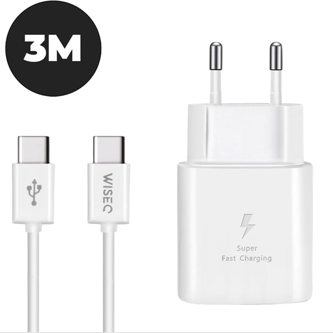 USB C snellader 25W met USB C kabel - geschikt voor Samsung Galaxy en Apple iPhone - inclusief USB C naar USB C oplaadkabel 3 meter - wit - WiseQ