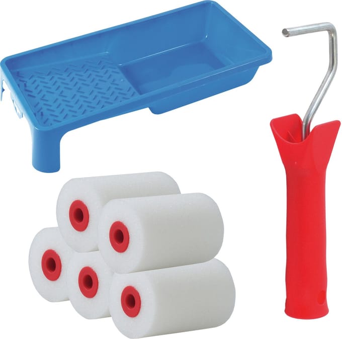 Sorex Verfrollers set - beugel - doseer verfbak - 5x anti spat rollers - 5 cm breed - schilderen - pluisvrij