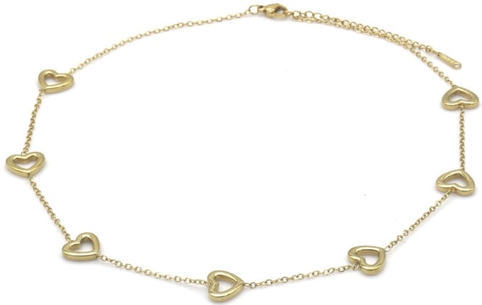 Ketting met hartjes - RVS - goudkleurig - 40-45 cm - dames – valentijn – cadeau