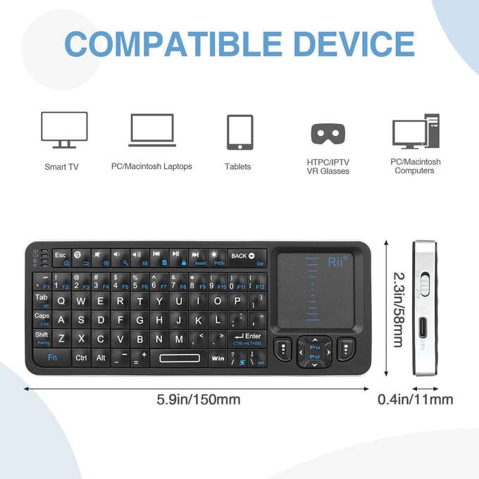 Rii K06 Mini Bluetooth Keyboard,Backlit 2.4GHz Wireless Keyboard with IR Learning, Portable Lightweight with Touchpad Compatible with Android TV Box, Mac, Laptop, Windows, Tablet(BT and 2.4G Version)