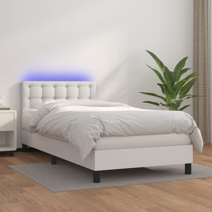 vidaXL - Boxspring - met - matras - en - LED - kunstleer - wit - 90x200 - cm