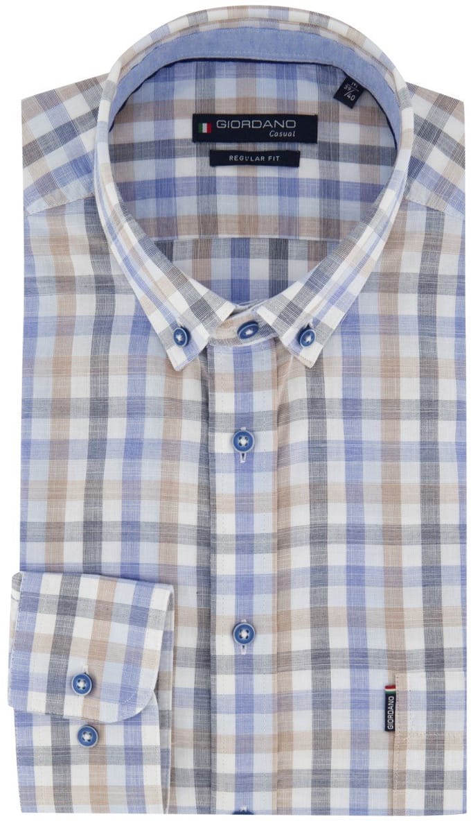 Blauw beige geruit katoenen Giordano Regular Fit overhemd