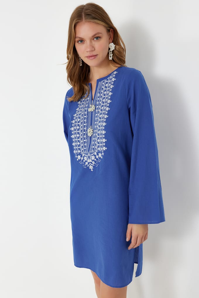Damesjurken in blauw, effen kleuren, lange, losse stijl